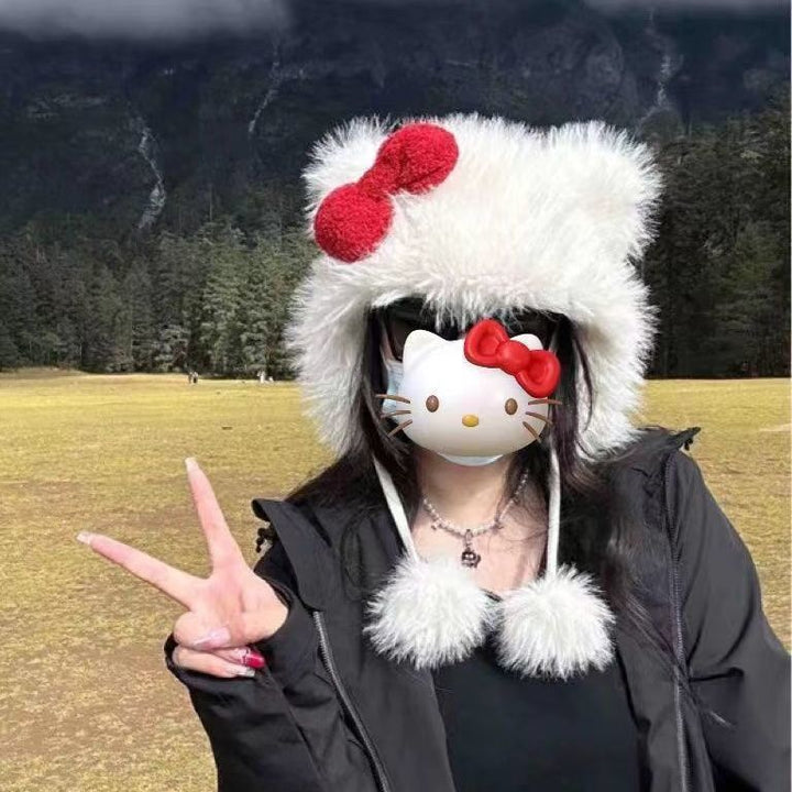New Bow Hat Cute Cat Animal Fashion Warm Plush Hat Autumn And Winter