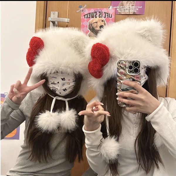 New Bow Hat Cute Cat Animal Fashion Warm Plush Hat Autumn And Winter