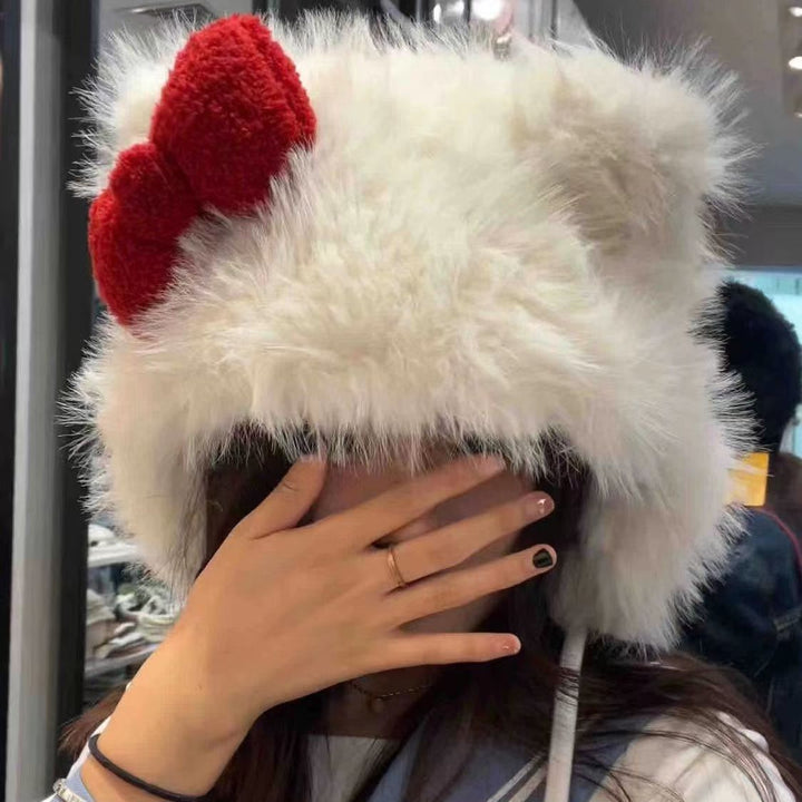 New Bow Hat Cute Cat Animal Fashion Warm Plush Hat Autumn And Winter