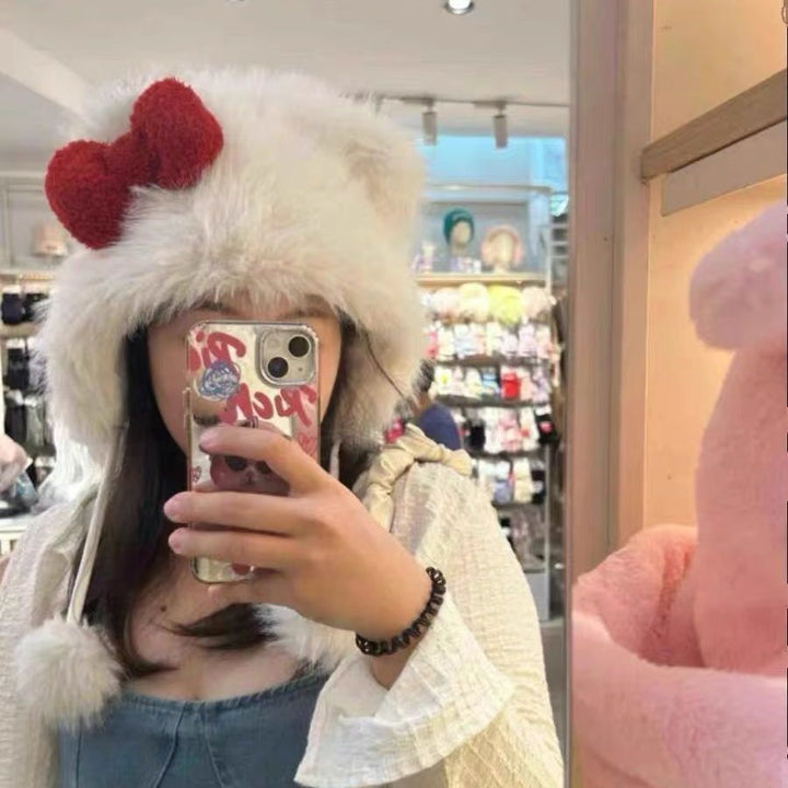 New Bow Hat Cute Cat Animal Fashion Warm Plush Hat Autumn And Winter